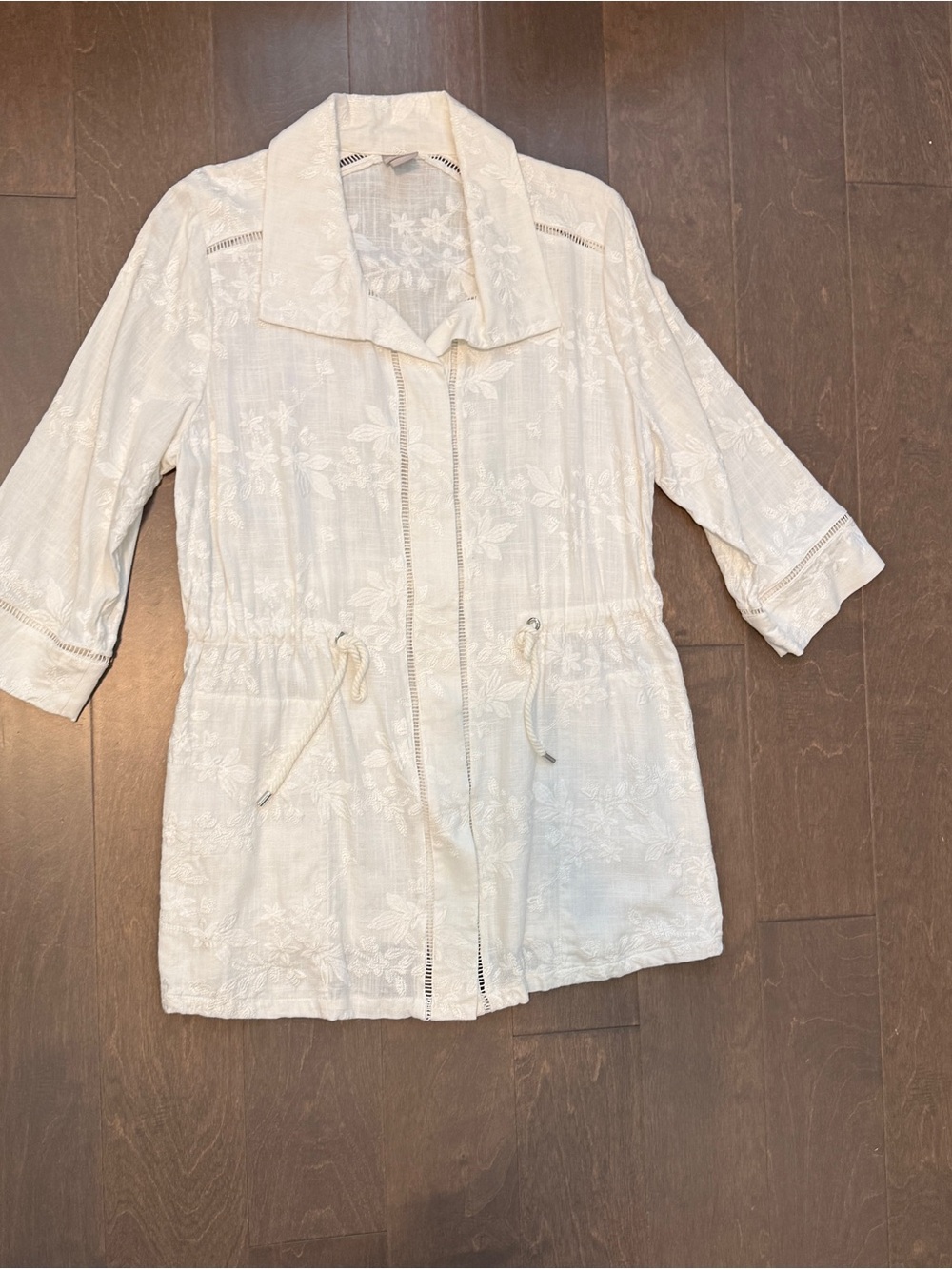 Chico's Off White Embroidered Floral Jacket Snap Buttons 3/4 Sleeves 12-14